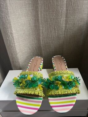 Betsey Johnson Peyton Women's Sandal Green Raffia Size 8.5 Cushion Slides